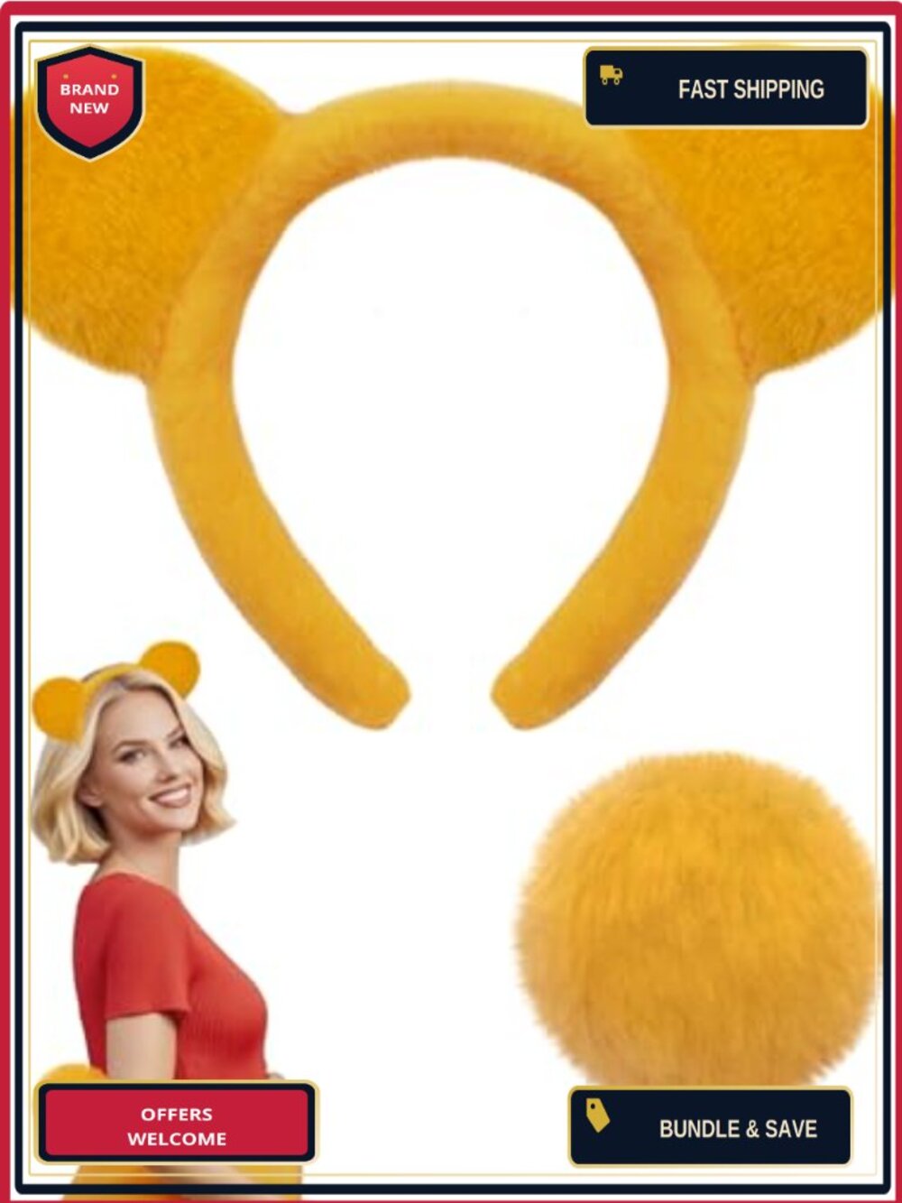 Yellow Bear Costume Accessories Plush Bear Ears Headband and Tail for Adult
